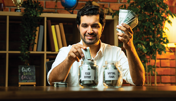 Man with Savings Jars