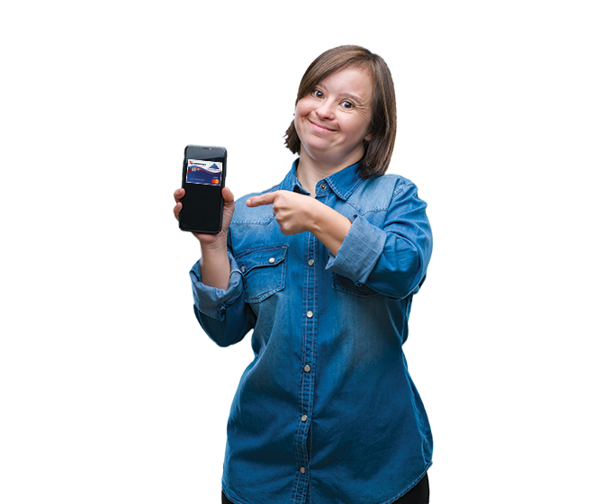woman holding up phone with debit card on app