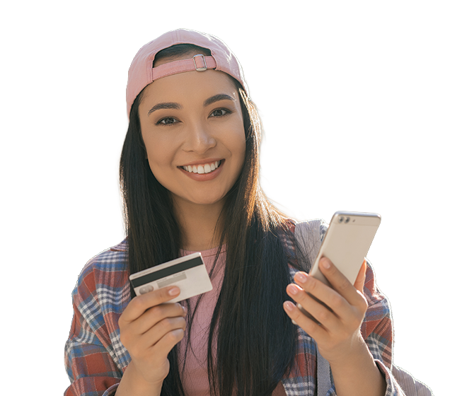 Girl holding phone and card